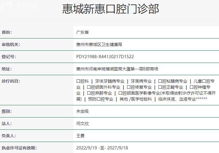 惠城新惠口腔門(mén)診部資質(zhì)