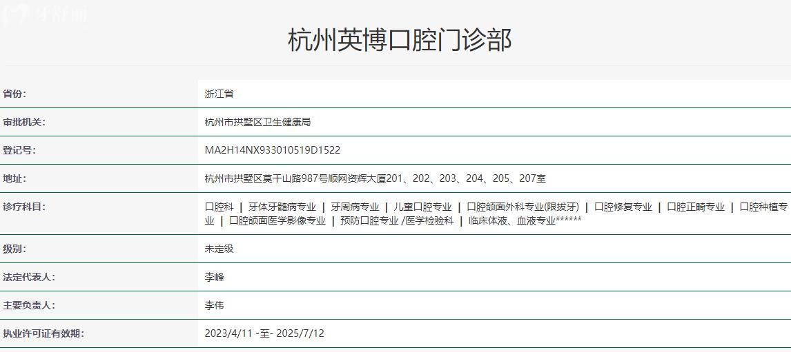 杭州英博口腔門診部衛(wèi)健委資料
