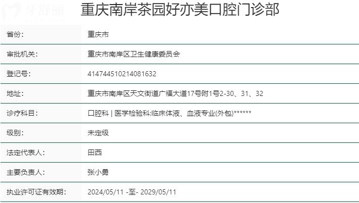 重慶南岸茶園好亦美口腔門診部資質(zhì)