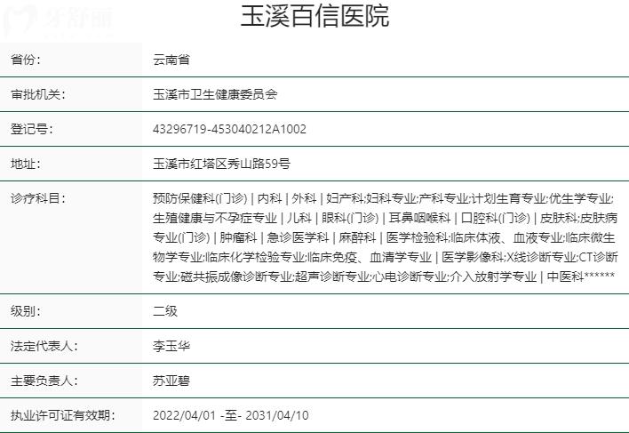 云南玉溪百信醫(yī)院口腔科資質