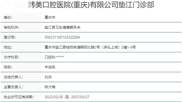 重慶博美口腔醫(yī)院有限公司墊江門診部資質(zhì)