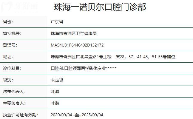 珠海諾貝爾口腔門診部(拱北國維中央廣場店)資質(zhì)