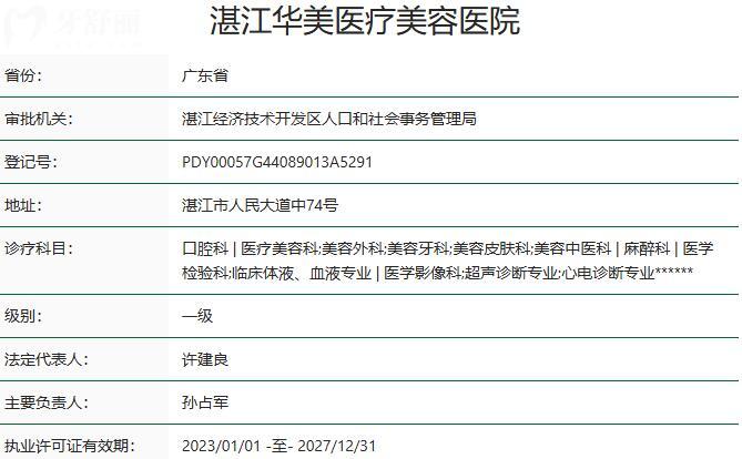 湛江華美醫(yī)療美容醫(yī)院口腔科資質